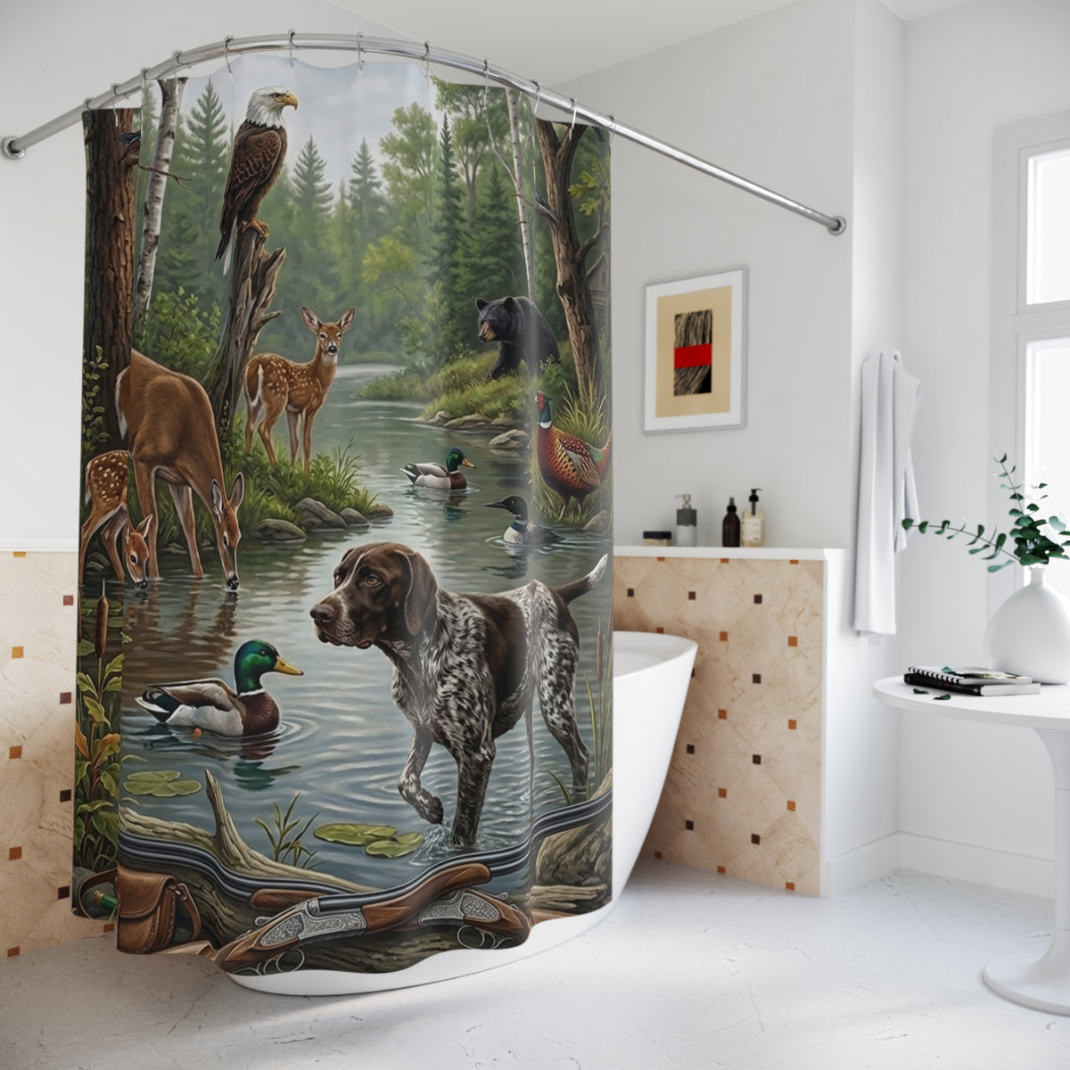 Woodland Wildlife Shower Curtain — Deer, Dog, Eagle & Bear Nature Scene