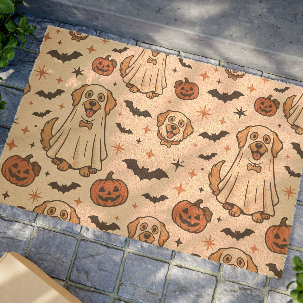 Halloween Golden Retriever Doormat — Cute Ghost Pup, Pumpkins & Bats Welcome Mat