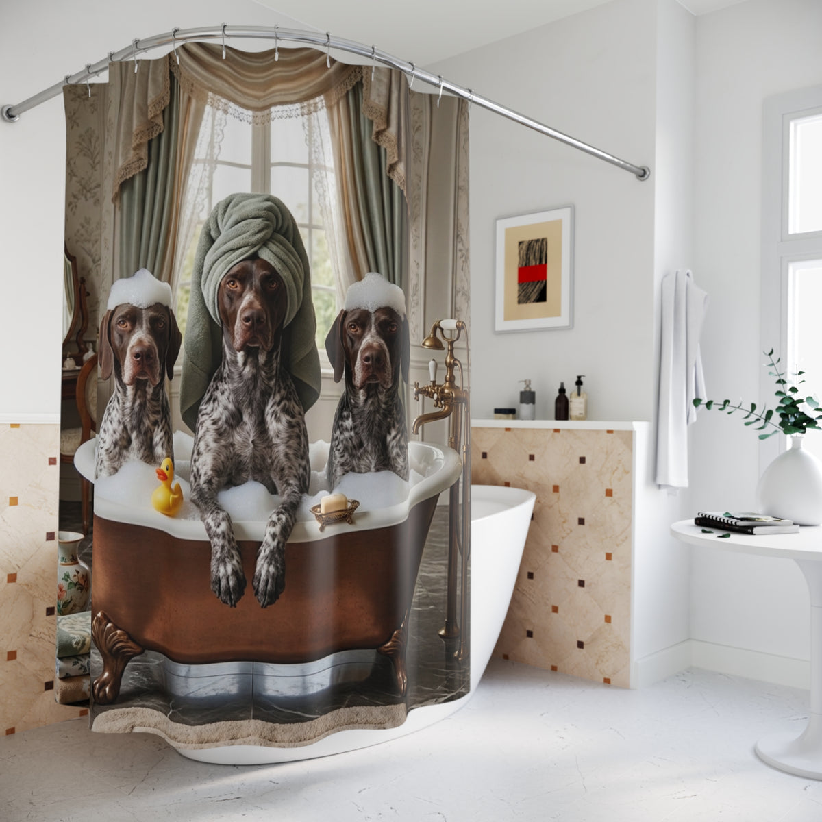Vintage Bath Dogs Shower Curtain – Funny German Shorthaired Pointers in Bathtub