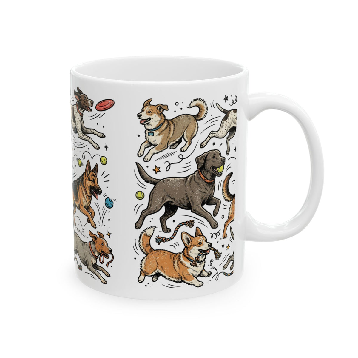 Dog Lovers Mug — Playful Running Dogs Ceramic Coffee Cup (11 oz)