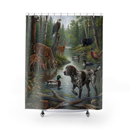 Woodland Wildlife Shower Curtain — Deer, Dog, Eagle & Bear Nature Scene