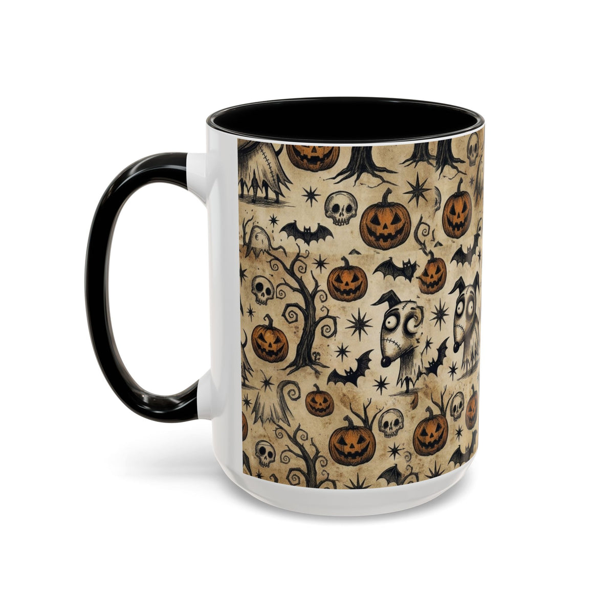 Halloween Pattern Coffee Mug — Cute Spooky Pumpkins & Bats Accent Mug (11/15oz)