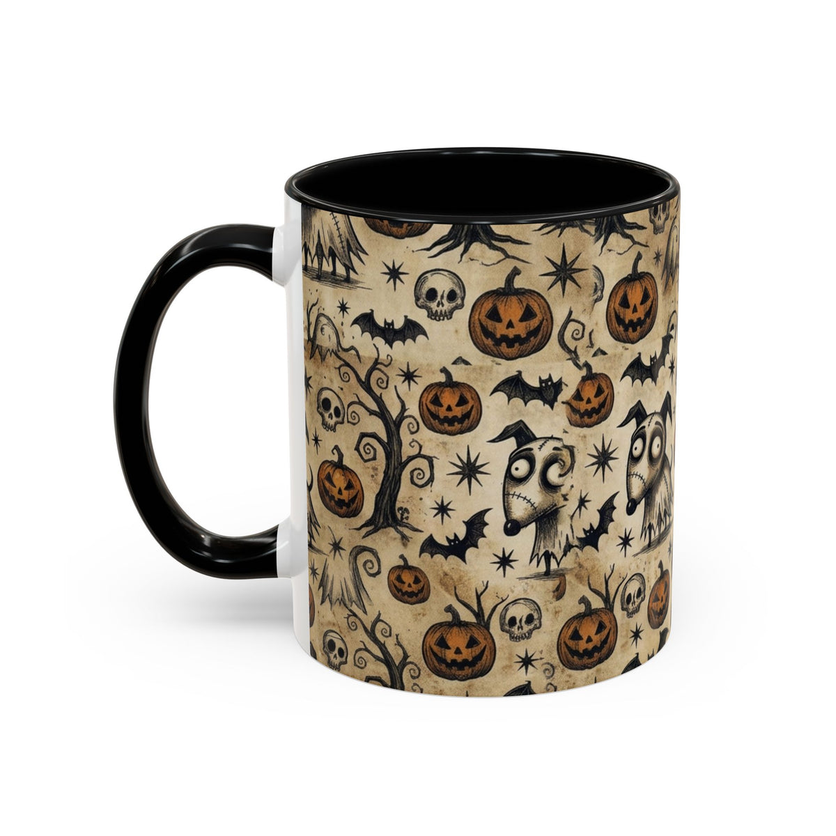 Halloween Pattern Coffee Mug — Cute Spooky Pumpkins & Bats Accent Mug (11/15oz)