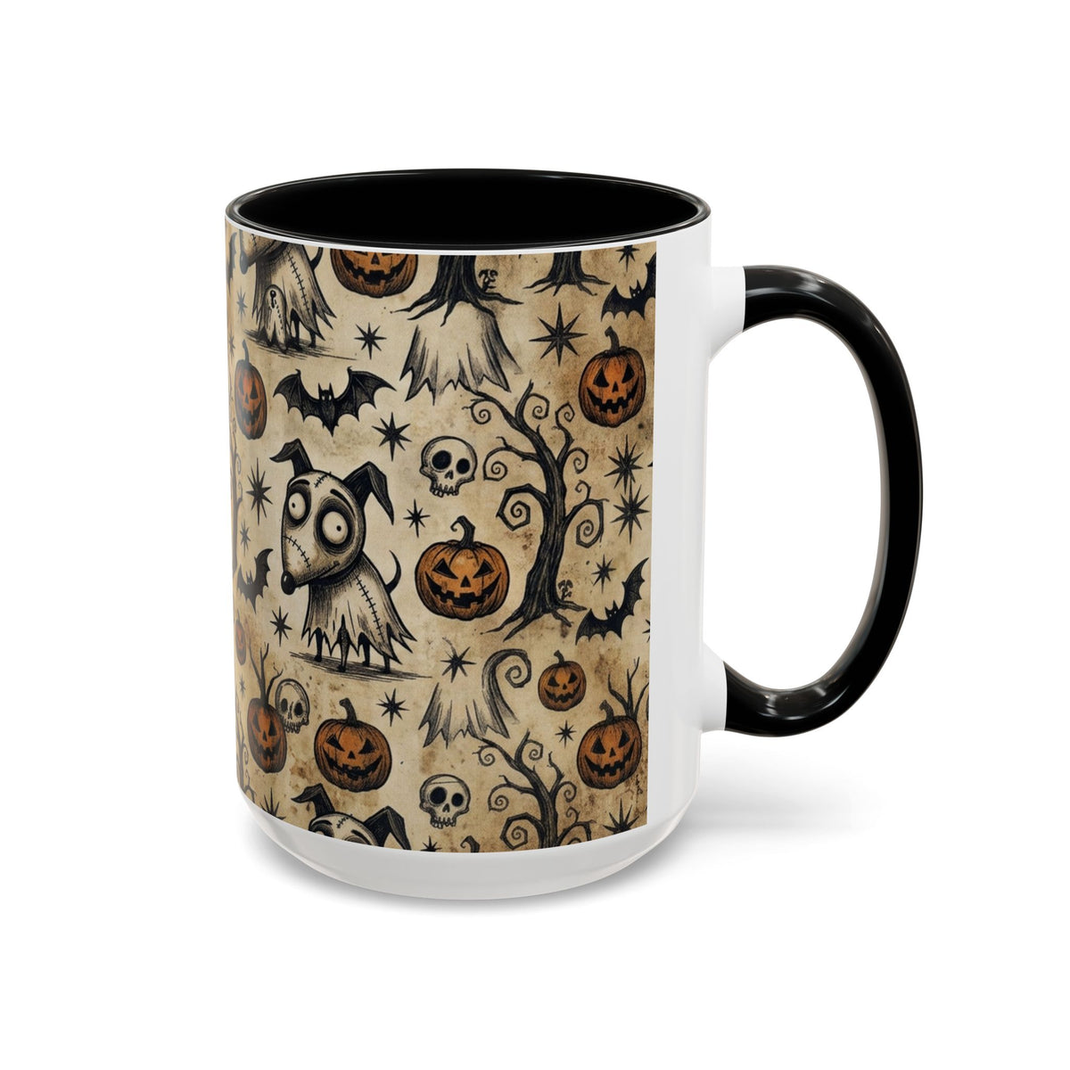 Halloween Pattern Coffee Mug — Cute Spooky Pumpkins & Bats Accent Mug (11/15oz)