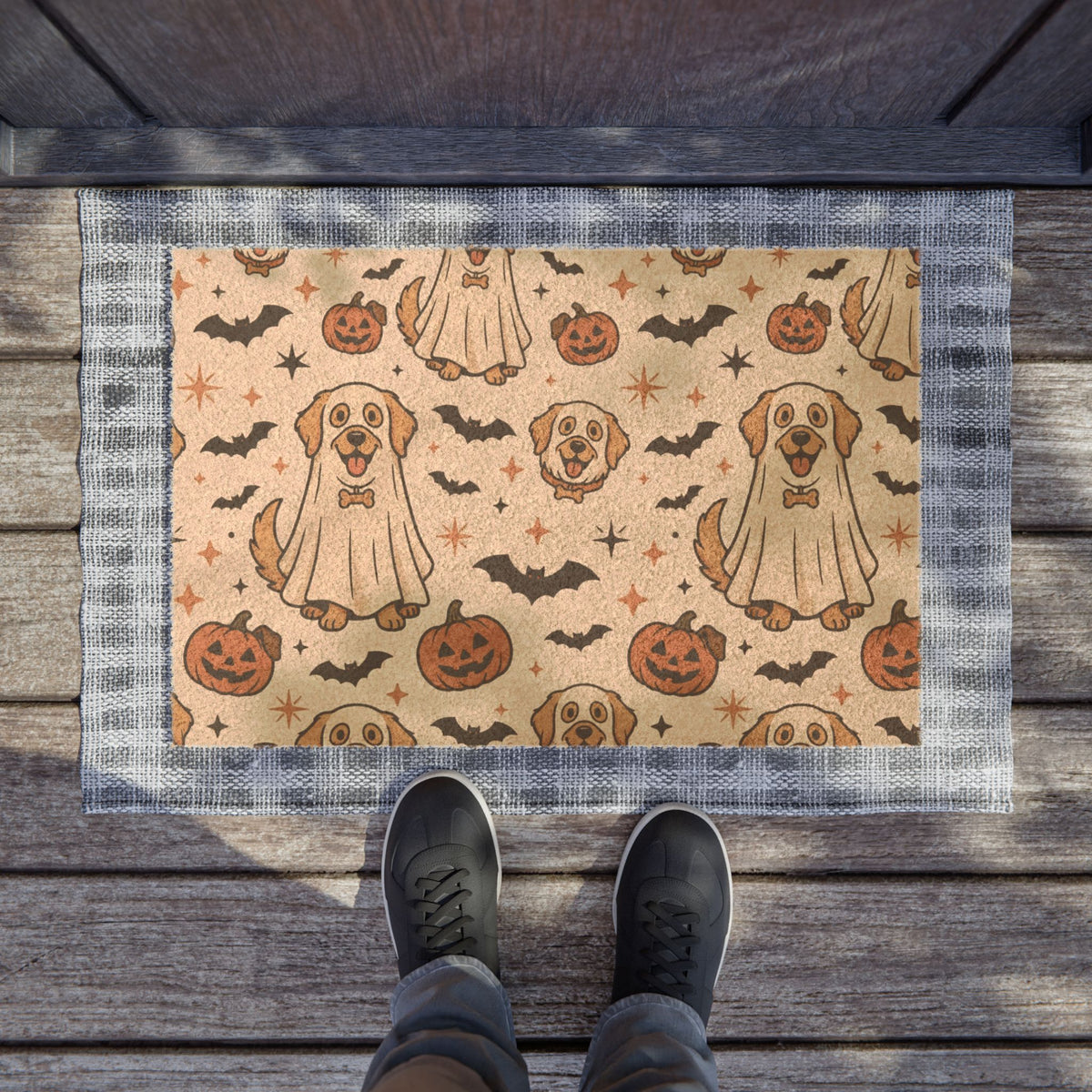 Halloween Golden Retriever Doormat — Cute Ghost Pup, Pumpkins & Bats Welcome Mat