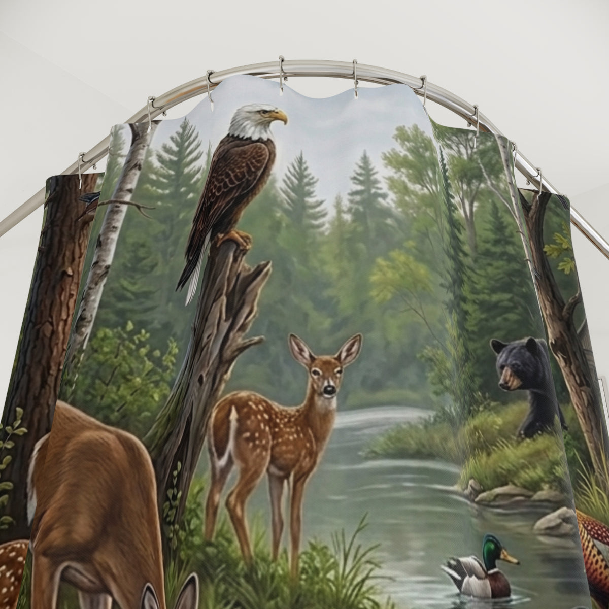 Woodland Wildlife Shower Curtain — Deer, Dog, Eagle & Bear Nature Scene