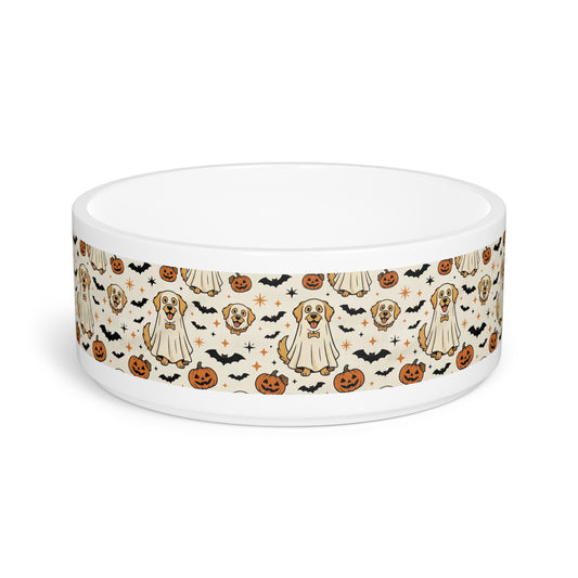 Halloween Ghost Dog Pet Bowl — Spooky Pumpkin & Bat Ceramic Bowl for Dogs