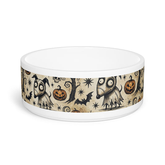 Halloween Spooky Pet Bowl — Ghost Dog & Pumpkin Pattern