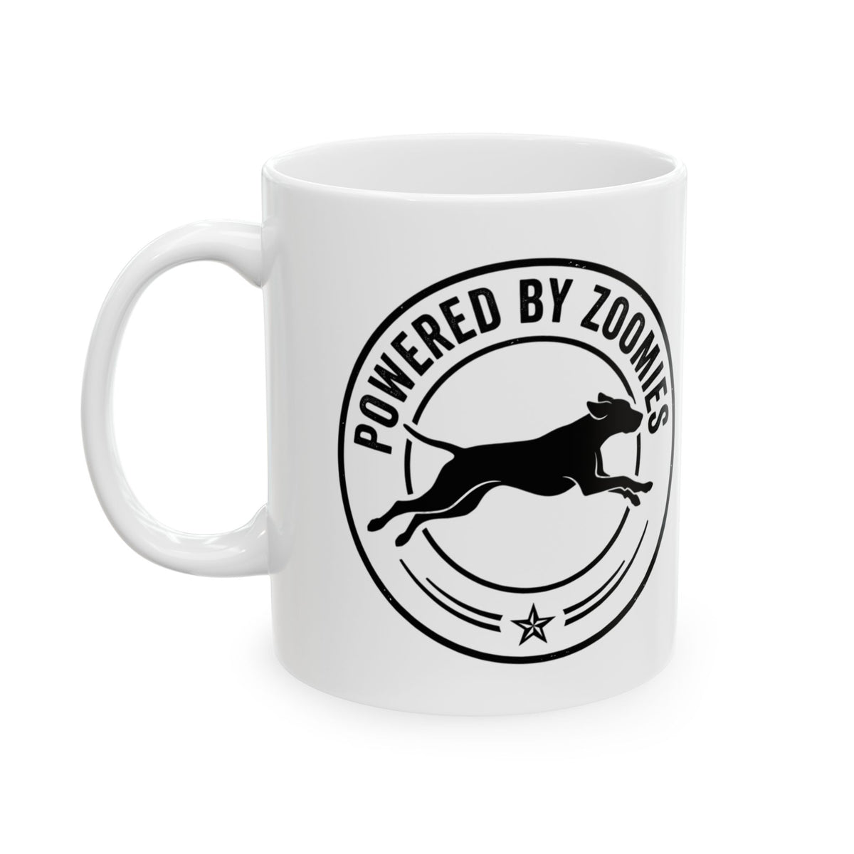 Powered by Zoomies Mug — Dog Lover Ceramic Coffee Cup (11 oz)
