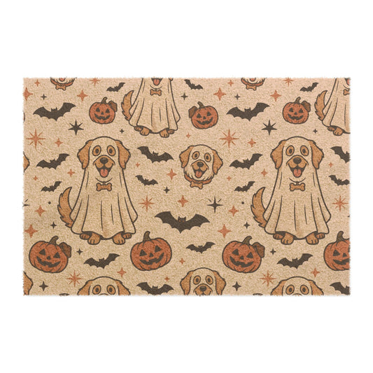 Halloween Golden Retriever Doormat — Cute Ghost Pup, Pumpkins & Bats Welcome Mat