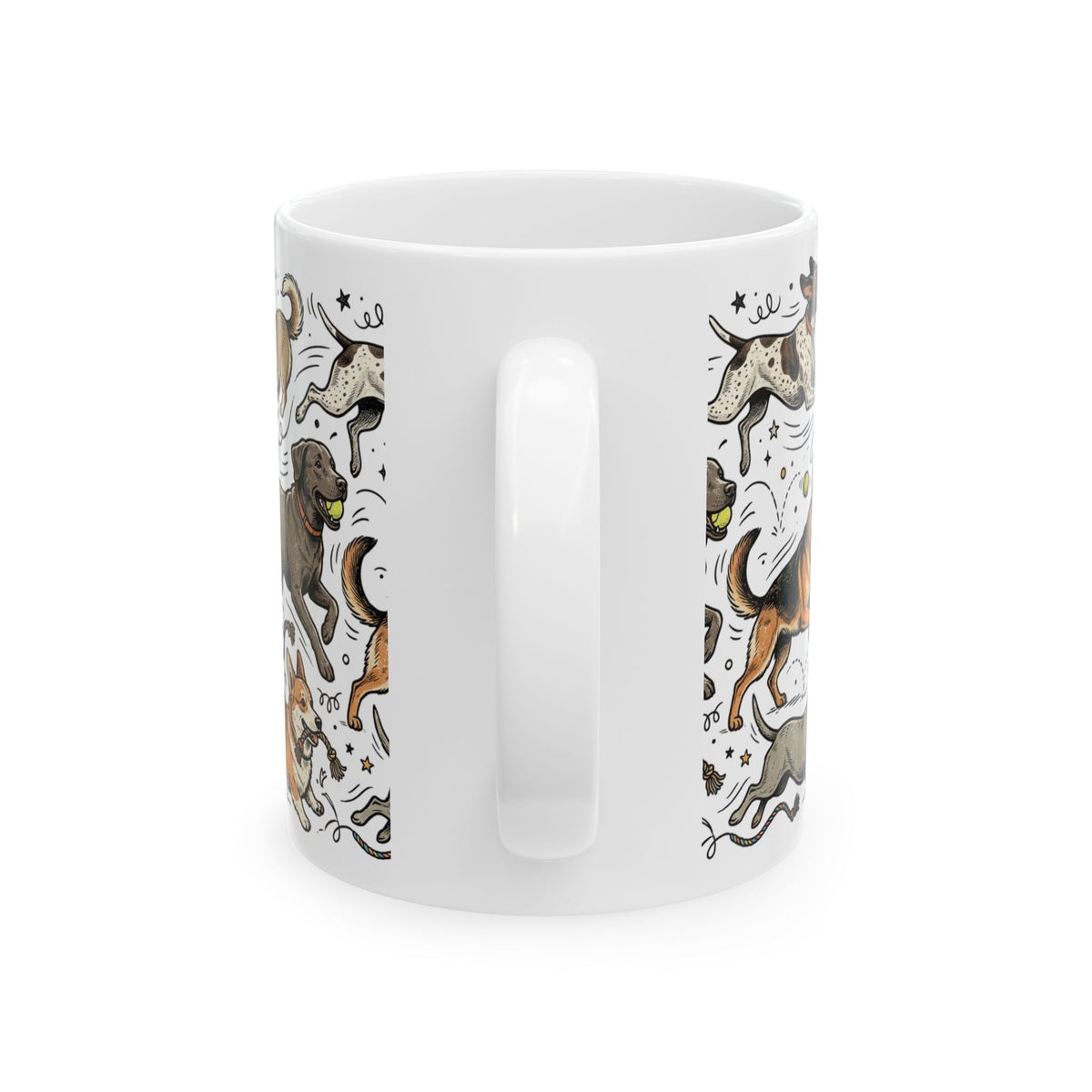 Dog Lovers Mug — Playful Running Dogs Ceramic Coffee Cup (11 oz)