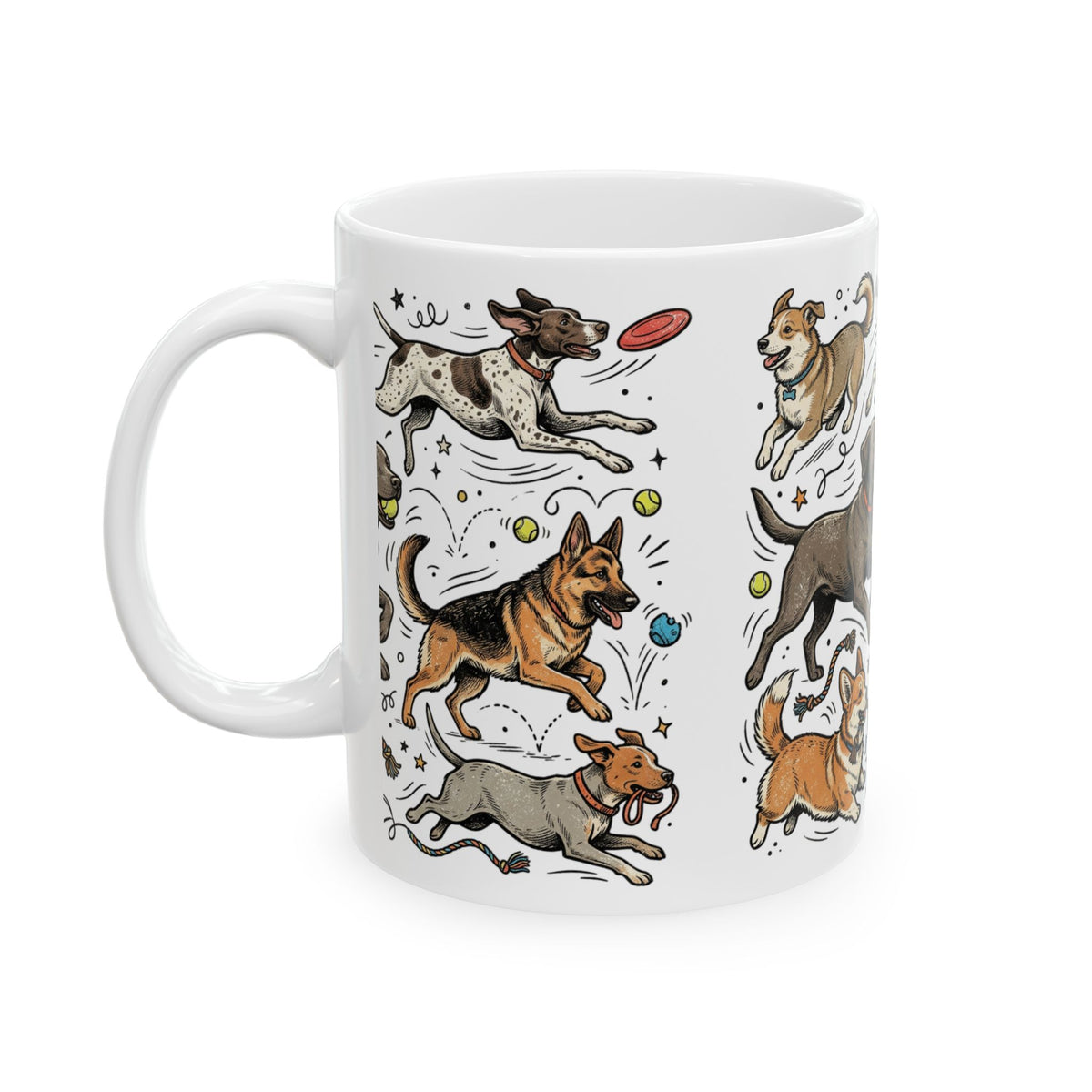 Dog Lovers Mug — Playful Running Dogs Ceramic Coffee Cup (11 oz)