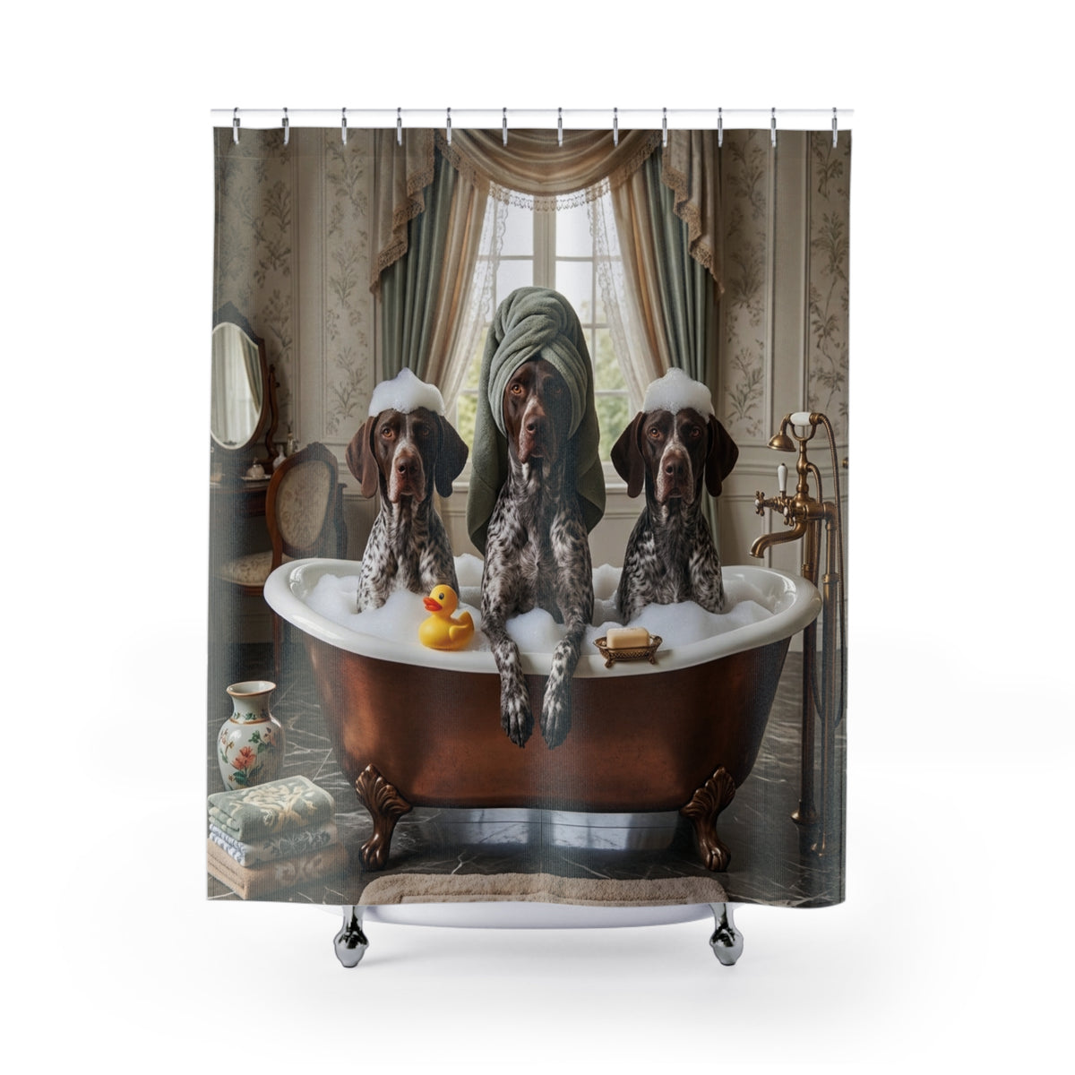 Vintage Bath Dogs Shower Curtain – Funny German Shorthaired Pointers in Bathtub