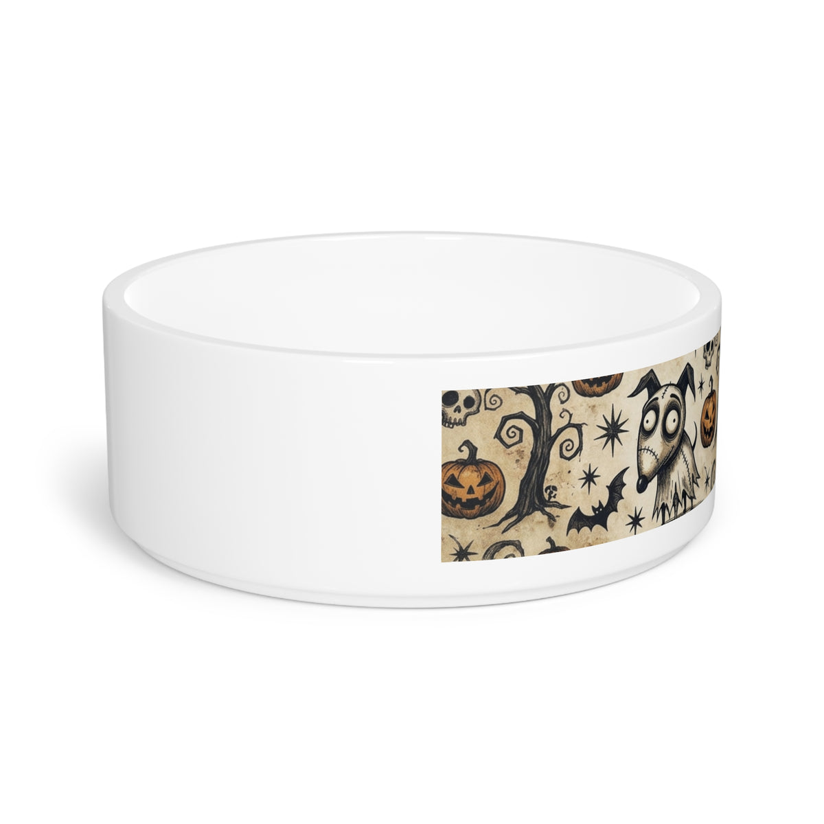 Halloween Spooky Pet Bowl — Ghost Dog & Pumpkin Pattern