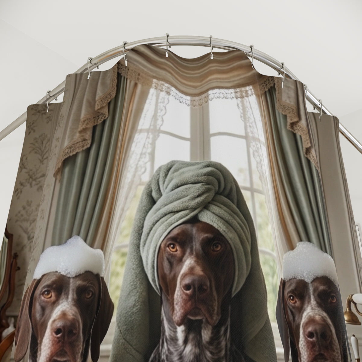 Vintage Bath Dogs Shower Curtain – Funny German Shorthaired Pointers in Bathtub