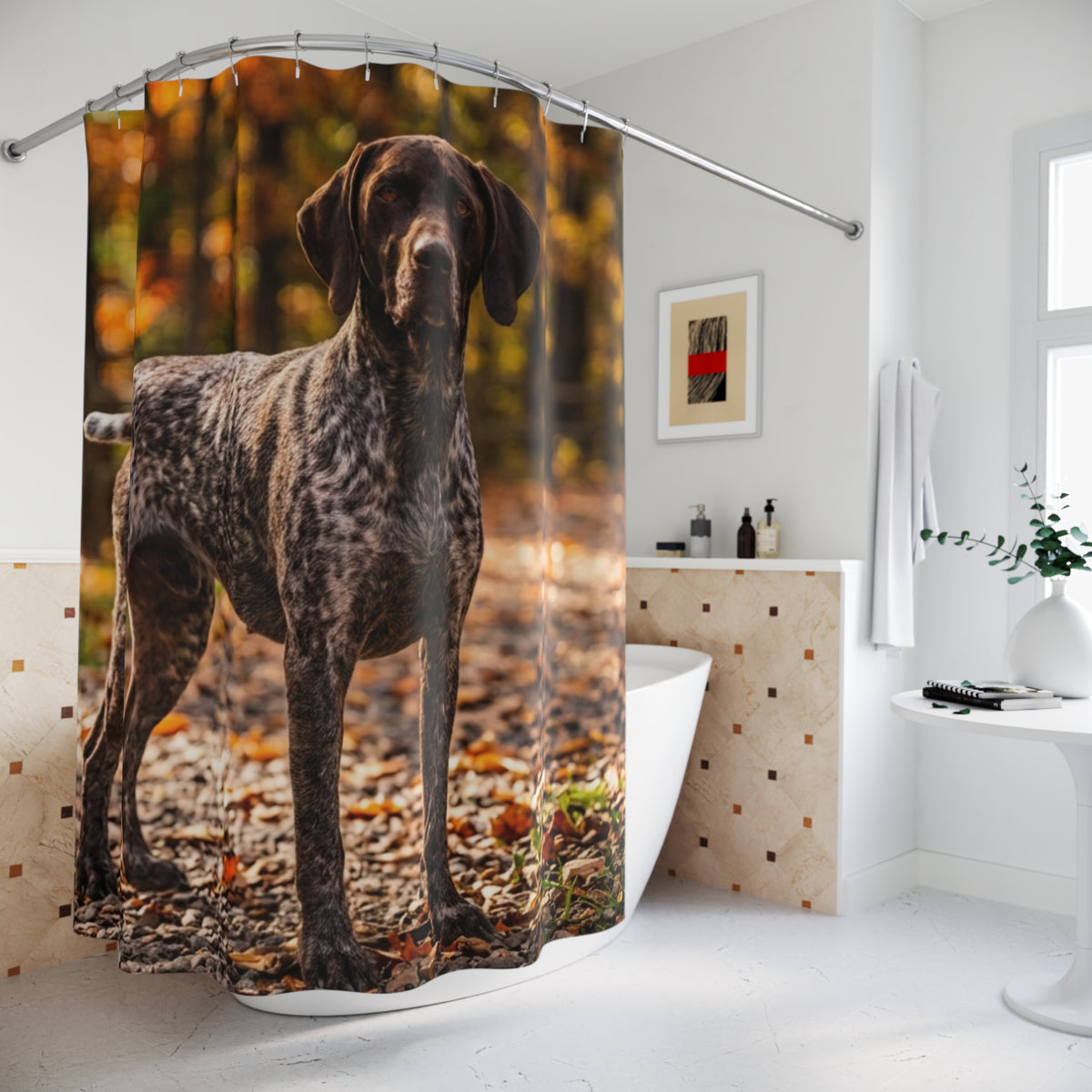 German Shorthaired Pointer Shower Curtain – Autumn Forest Dog Bathroom Decor