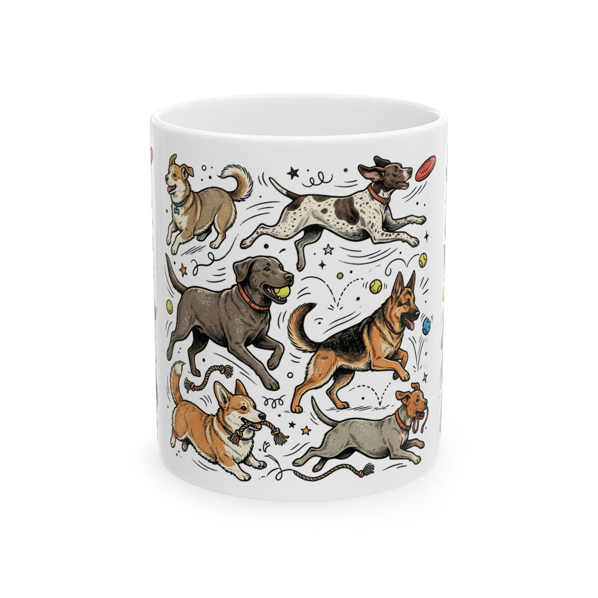 Dog Lovers Mug — Playful Running Dogs Ceramic Coffee Cup (11 oz)