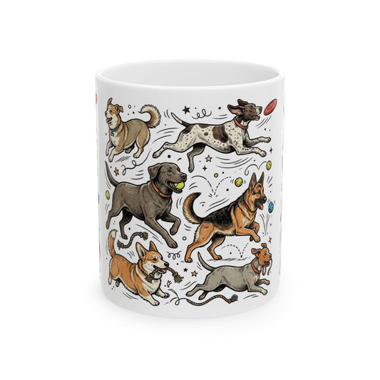 Dog Lovers Mug — Playful Running Dogs Ceramic Coffee Cup (11 oz)