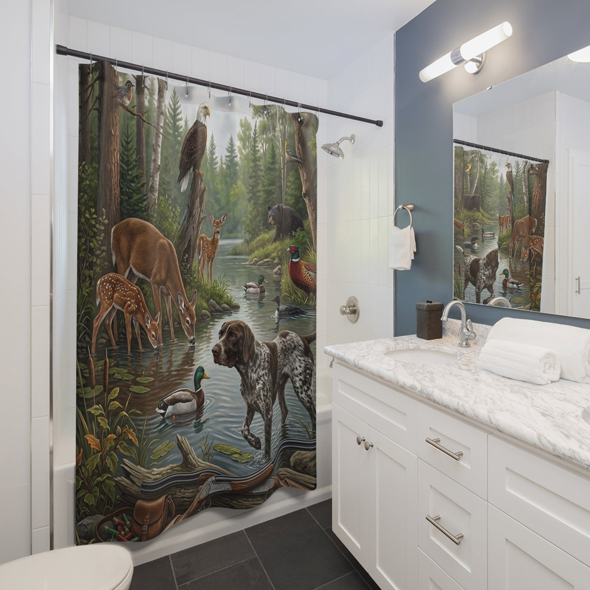 Woodland Wildlife Shower Curtain — Deer, Dog, Eagle & Bear Nature Scene