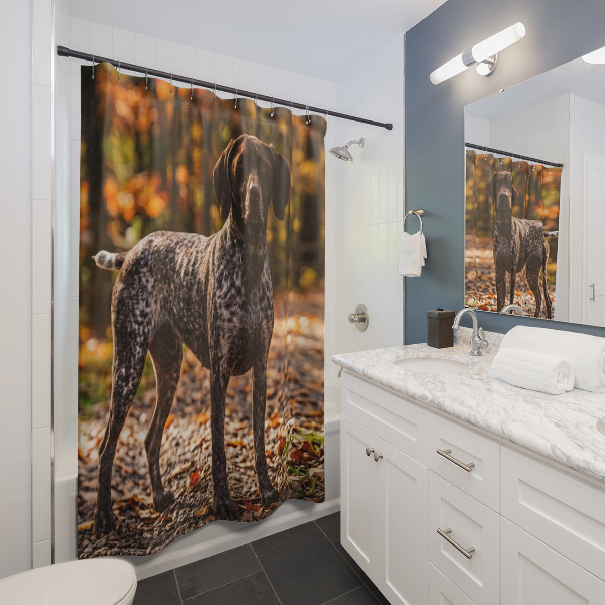 German Shorthaired Pointer Shower Curtain – Autumn Forest Dog Bathroom Decor