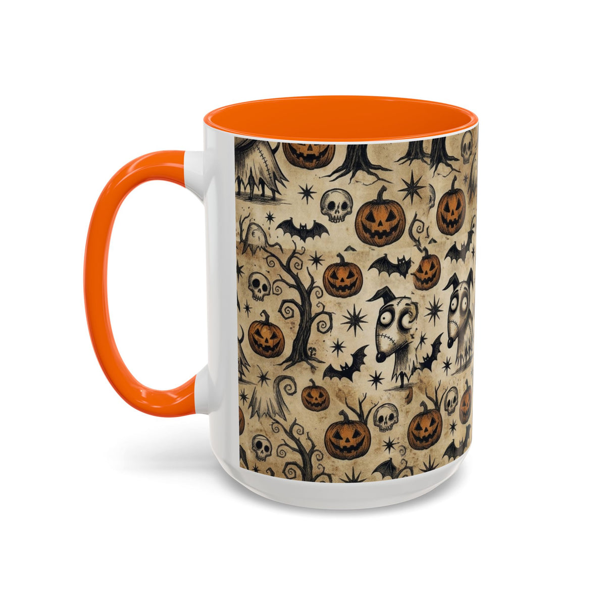 Halloween Pattern Coffee Mug — Cute Spooky Pumpkins & Bats Accent Mug (11/15oz)